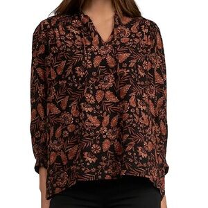Elan Black Autumn Print Split Neck Top